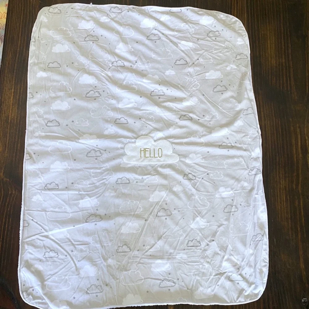 Just Born Hello Baby Blanket‎ White Gray Cloud Star Sherpa Plush 30x40